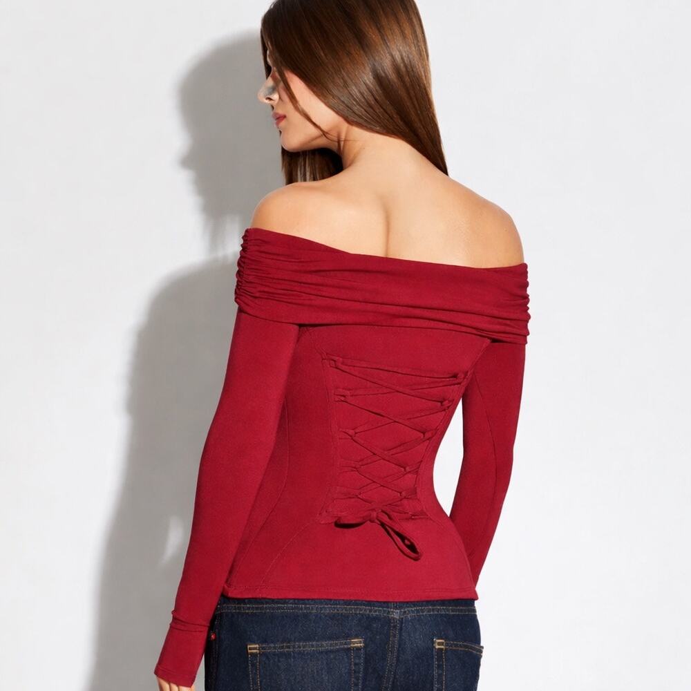 TA3 Corset Shapey Slimming Long Sleeve Off Shoulder Top Rust Red NWT M